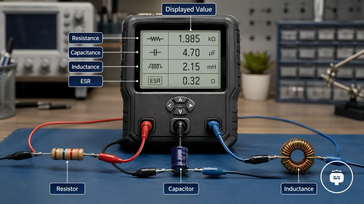 Passive components with resistance, capacitance, and inductance readings on an electronic component tester