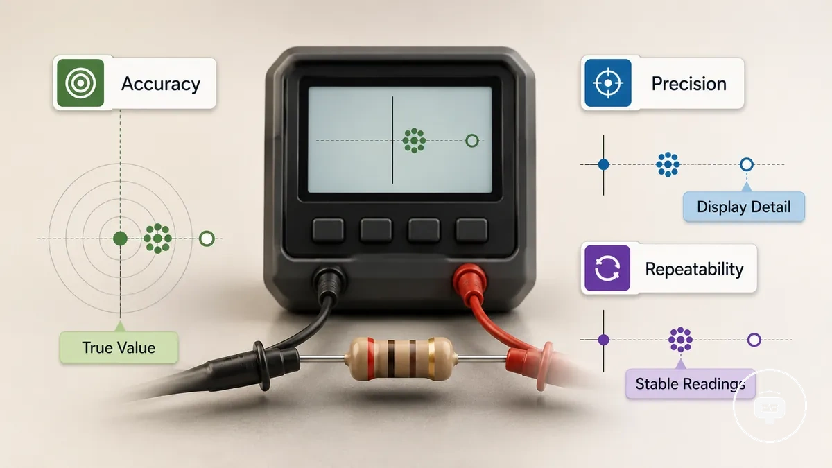 Diagram comparing accuracy precision and repeatability for component tester readings