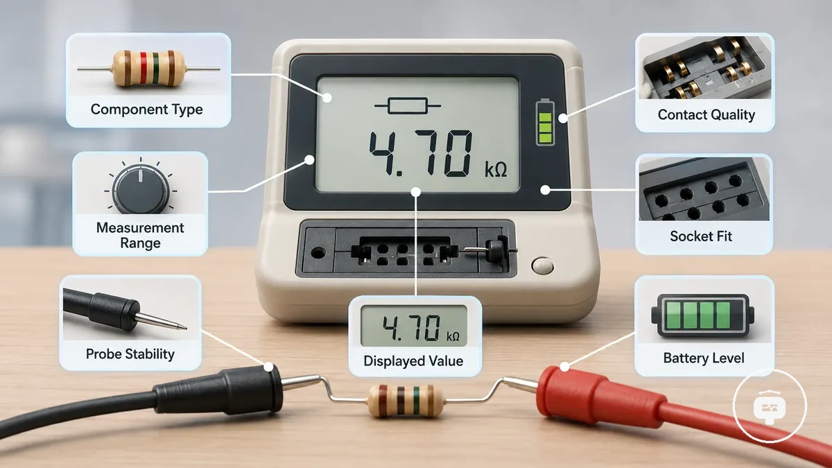 Annotated electronic component tester showing measurement conditions that affect reading reliability
