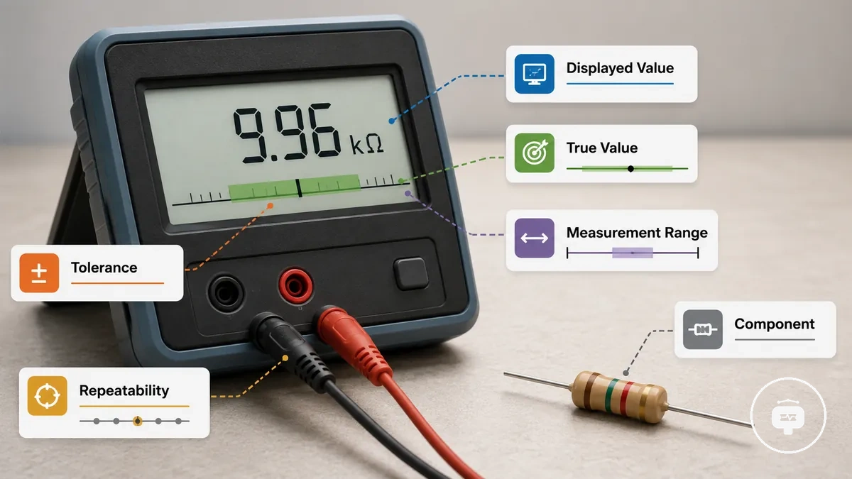 Annotated electronic component tester display showing a measured value and expected component value