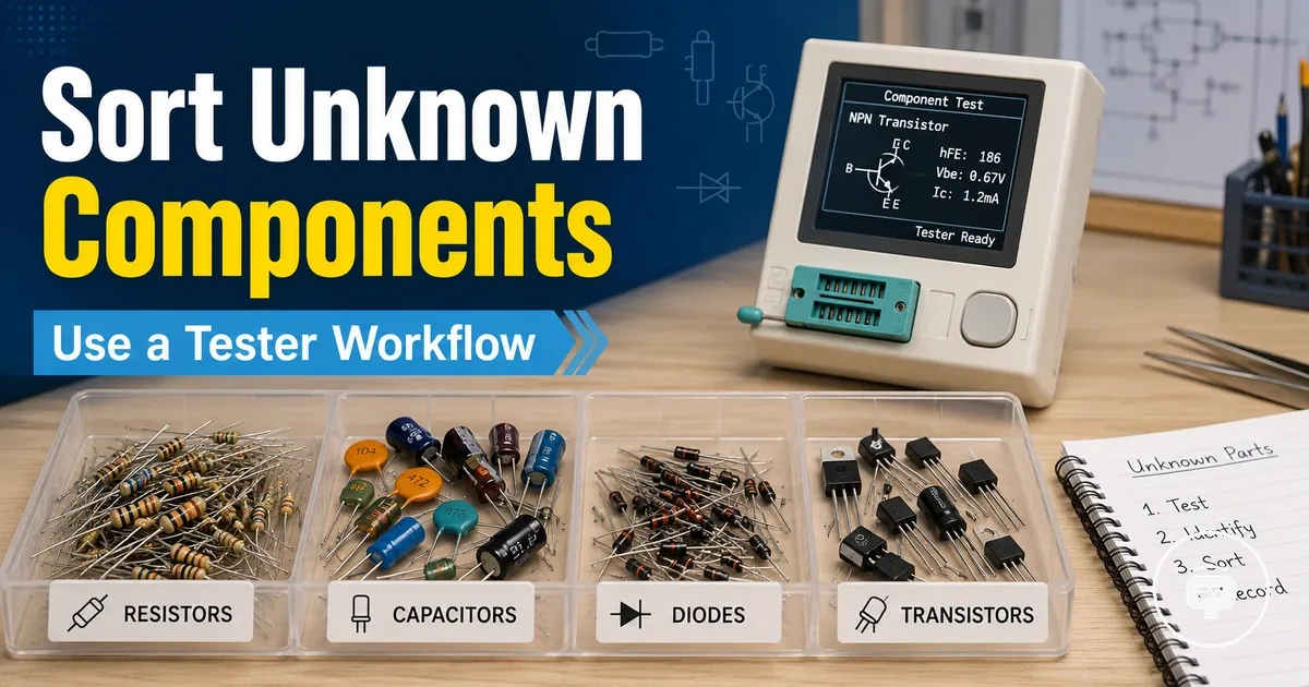 Unknown resistors, capacitors, diodes, and transistors sorted beside an electronic component tester