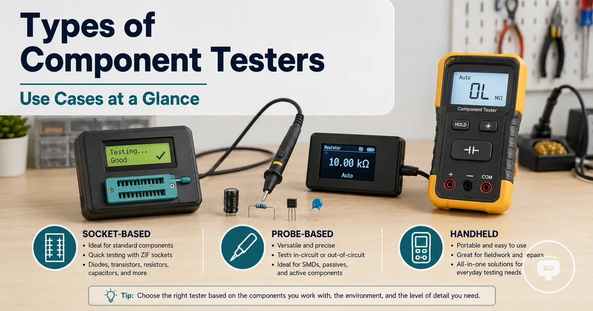 Different types of electronic component testers including socket-based, probe-based, and handheld testers