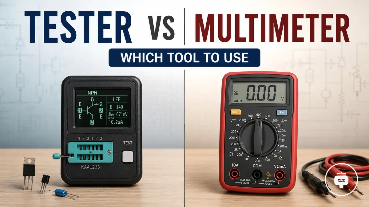 Electronic component tester and multimeter shown side by side for tool comparison