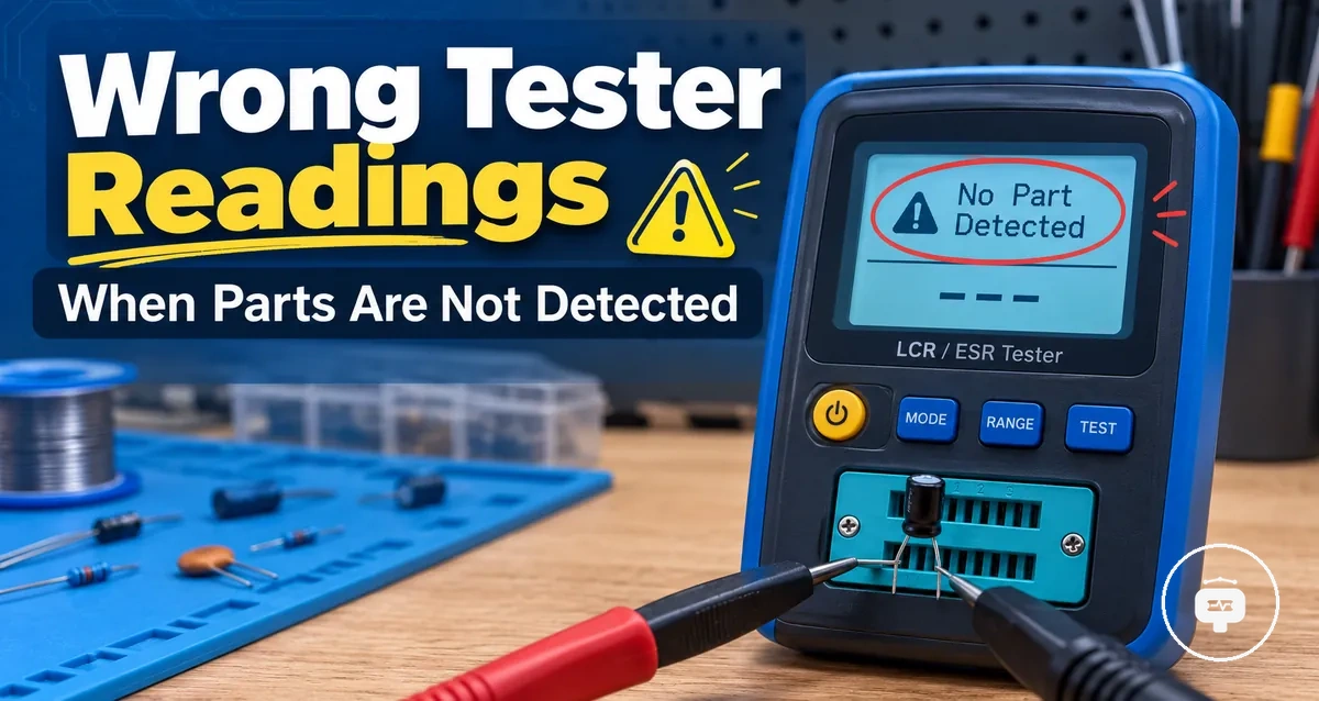 Electronic component tester showing an unexpected reading while testing a small electronic part