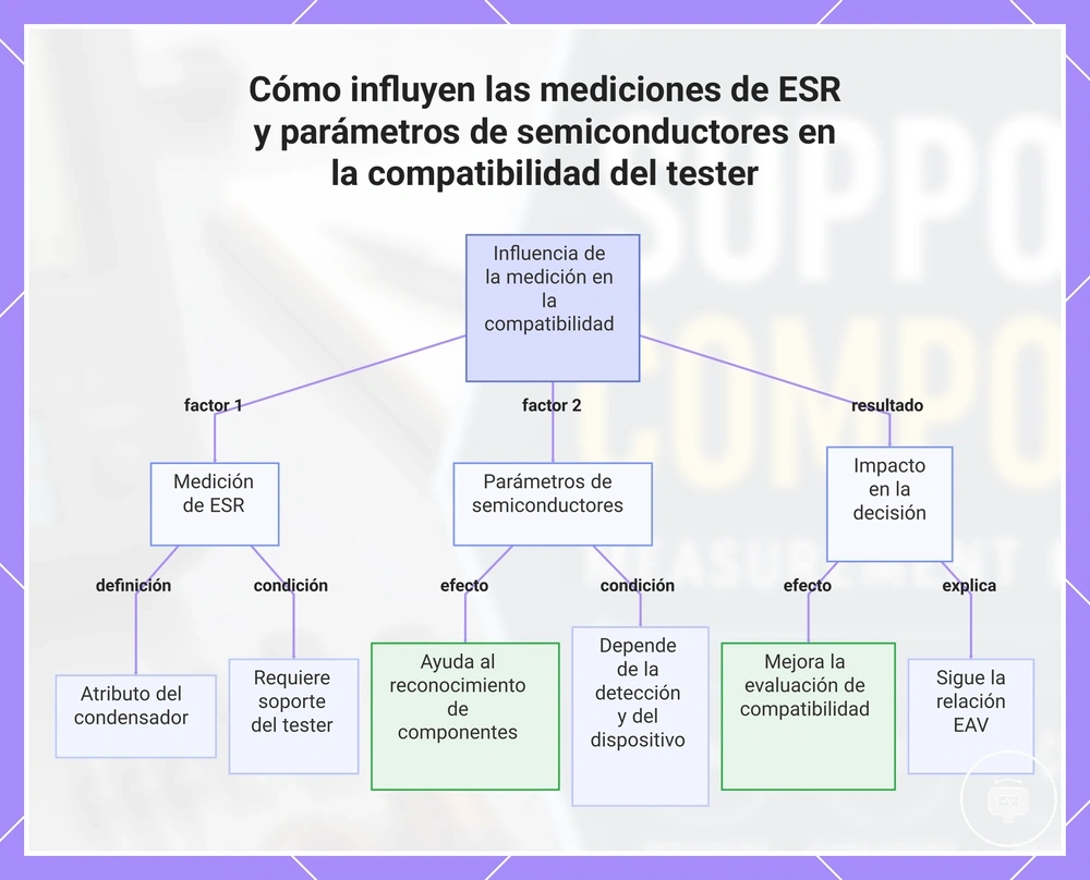Cómo influyen las mediciones de ESR y parámetros de semiconductores en la compatibilidad del tester