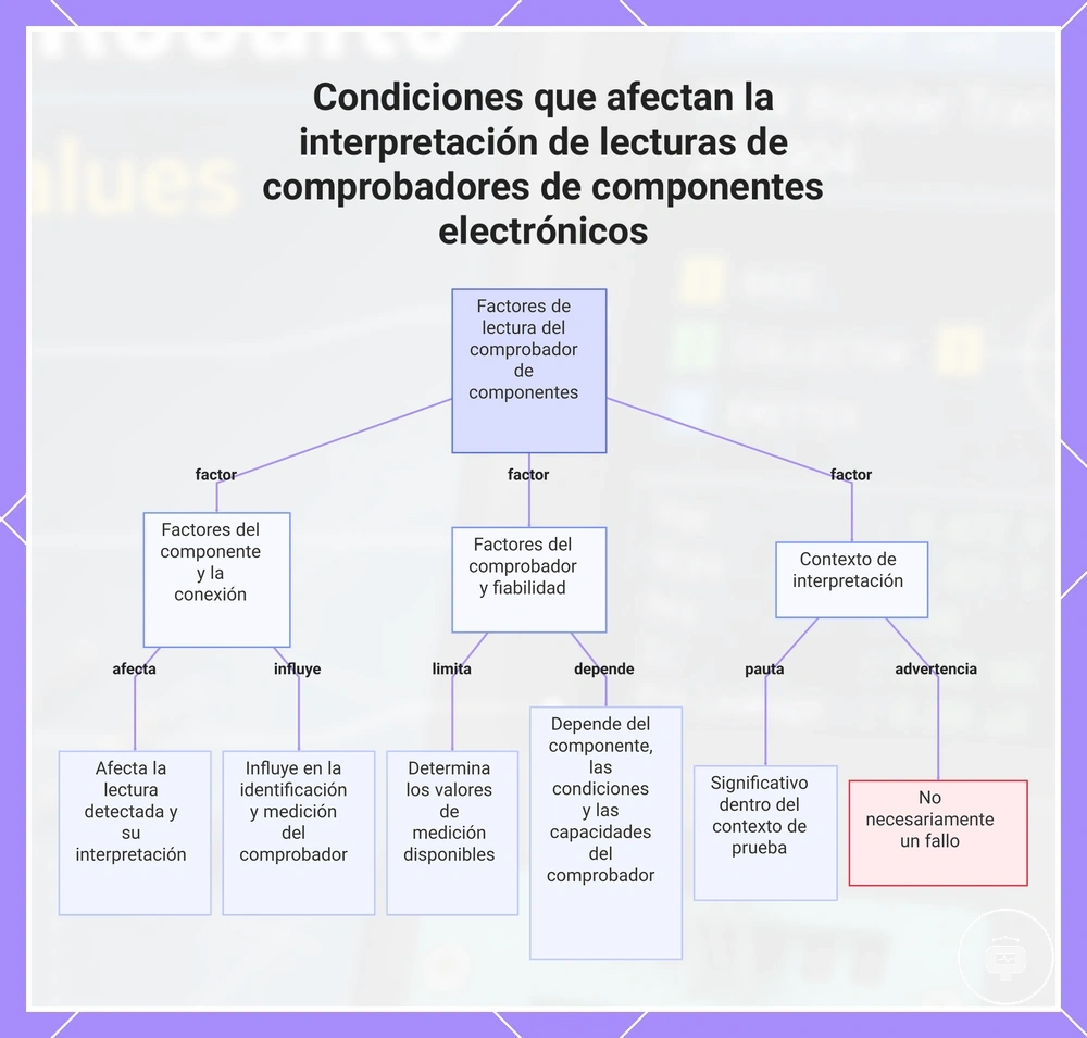 Condiciones que afectan la interpretación de lecturas de comprobadores de componentes electrónicos