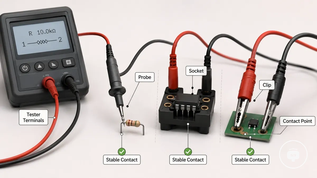 Diagrama que muestra conexiones de sonda, zócalo y clip en un probador de piezas electrónicas