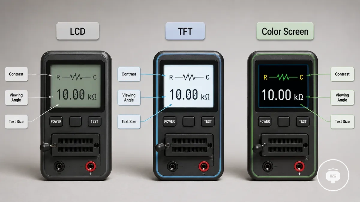 Comparación de pantallas LCD y a color de probadores de componentes que muestra diferencias de legibilidad