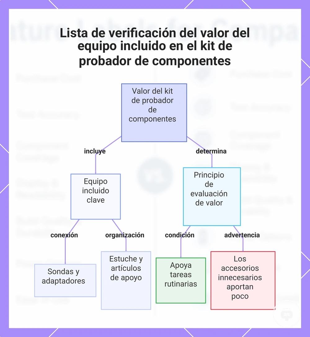 Lista de verificación del valor del equipo incluido en el kit de probador de componentes