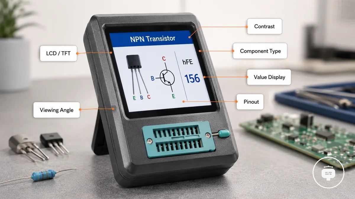 Pantalla de probador de piezas electrónicas que muestra la disposición de pines, el tipo de componente y el valor medido