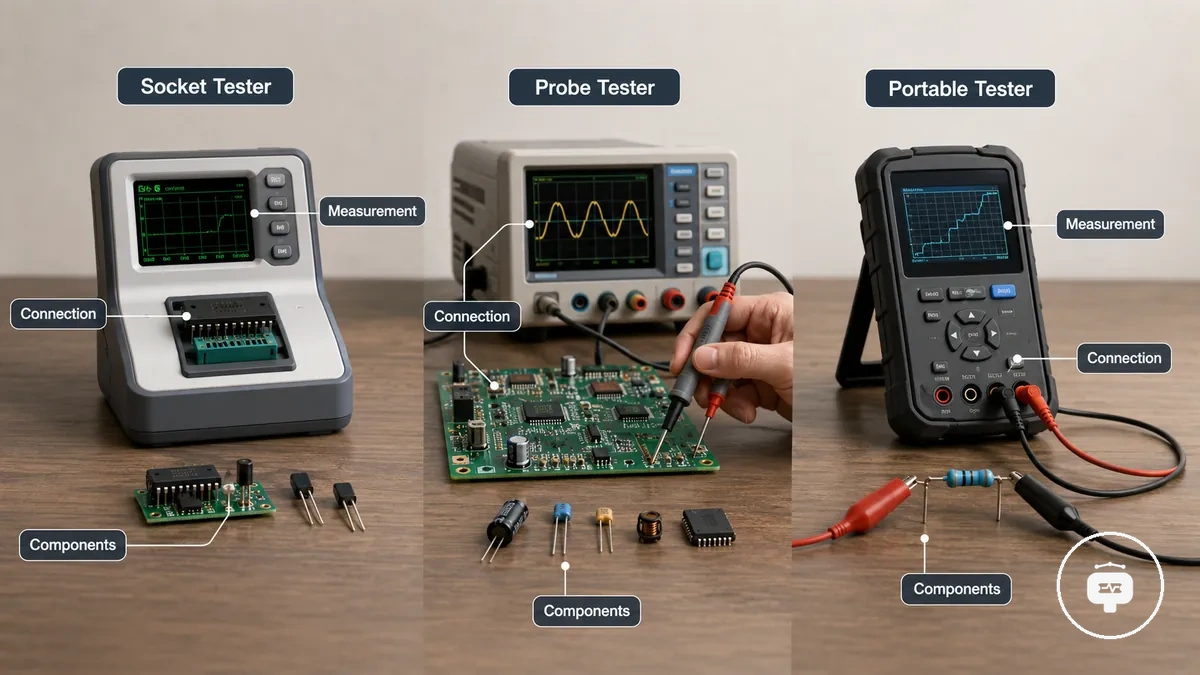 Tipos de probadores de piezas electrónicas, incluyendo métodos de prueba con zócalo y con sonda
