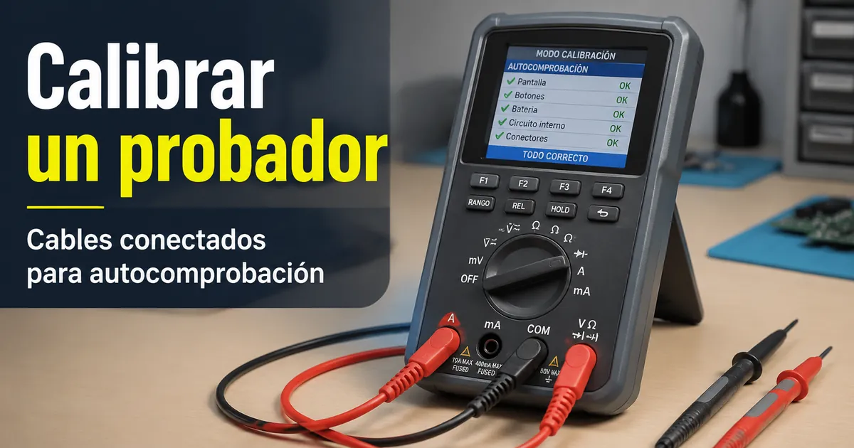 Probador de piezas electrónicas en modo de calibración con cables de prueba conectados para autocomprobación