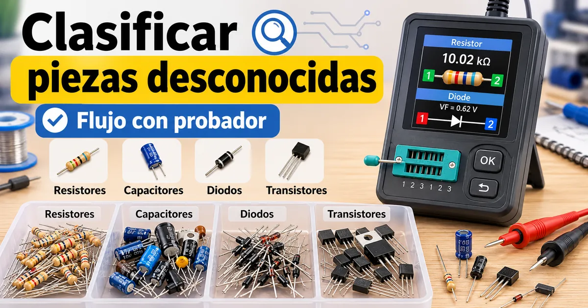 Resistencias, condensadores, diodos y transistores desconocidos clasificados junto a un probador de piezas electrónicas
