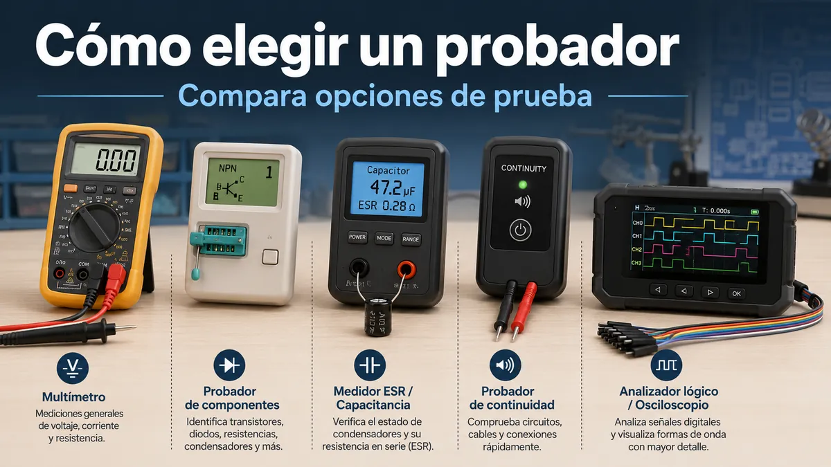 Varios probadores de piezas electrónicas comparados lado a lado para elegir la herramienta adecuada