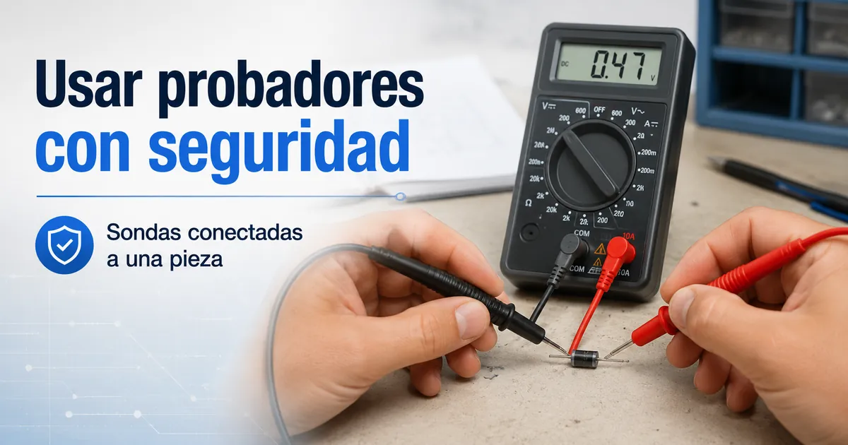 Manos usando un probador de piezas electrónicas con sondas conectadas a una pieza pequeña