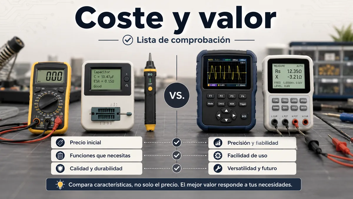 Probadores de piezas electrónicas colocados con etiquetas de funciones para comparar coste y valor