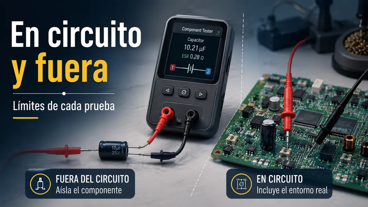 Probador de piezas electrónicas conectado a una pieza suelta junto a una placa de circuito para comparar pruebas
