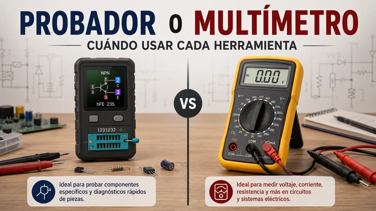 Probador de piezas electrónicas y multímetro colocados lado a lado para comparar herramientas