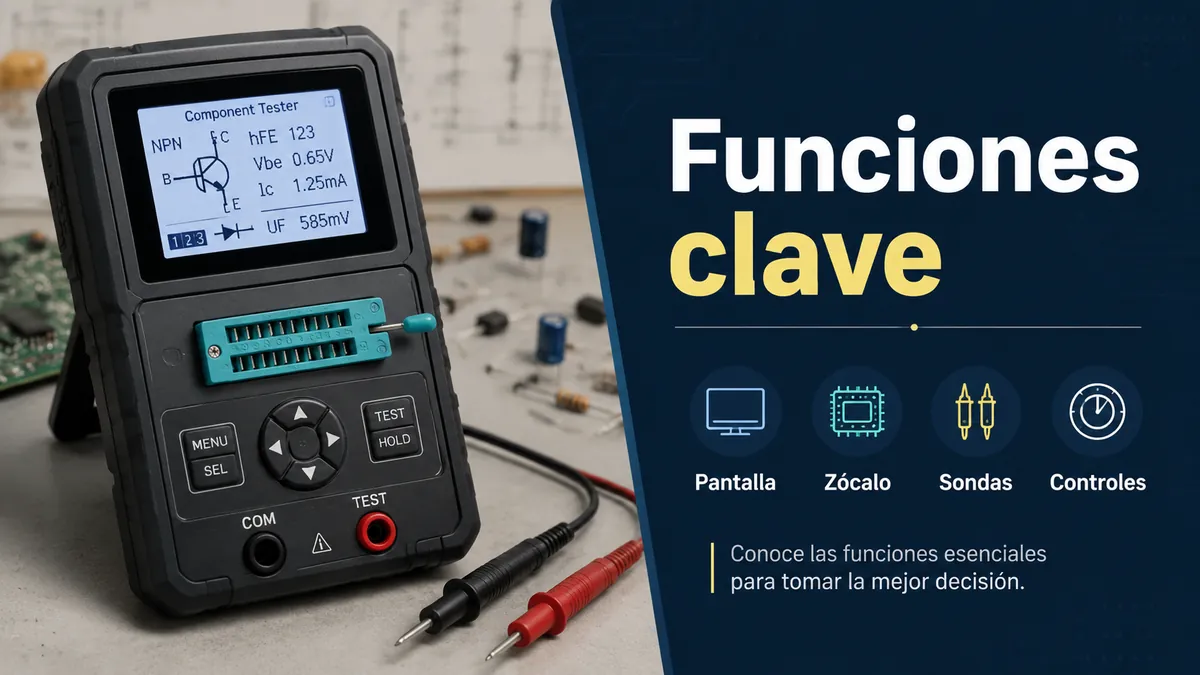 Probador de piezas electrónicas con pantalla clara, zona de zócalo, sondas y controles de funciones