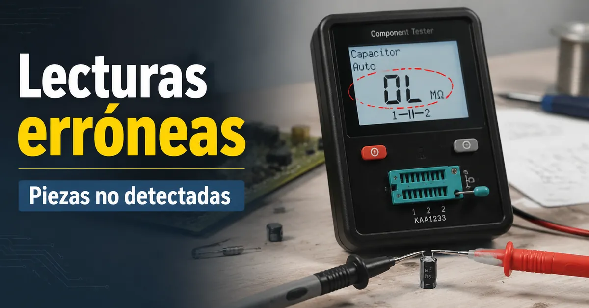 Probador de piezas electrónicas mostrando una lectura inesperada al comprobar una pieza pequeña