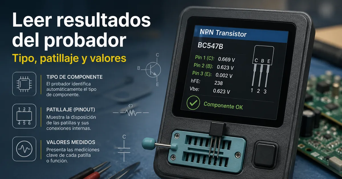 Pantalla de un probador de piezas electrónicas mostrando tipo de pieza, patillaje y valores medidos