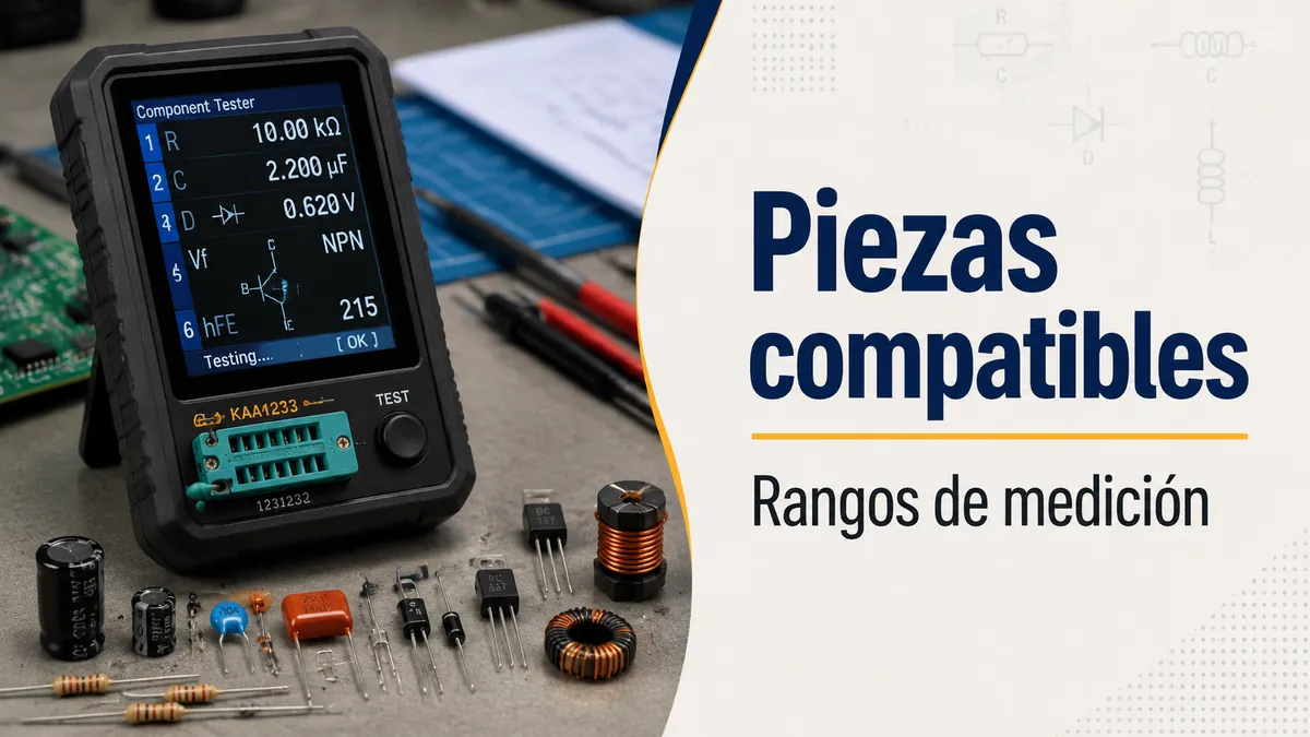 Probador de piezas electrónicas con resistencias, condensadores, diodos, transistores e inductores colocados cerca