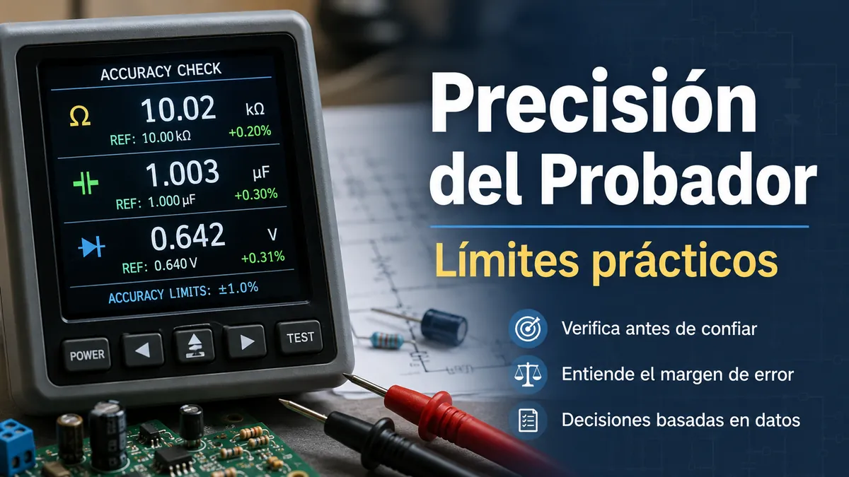 Pantalla de un probador de piezas electrónicas mostrando valores medidos durante una comprobación de precisión