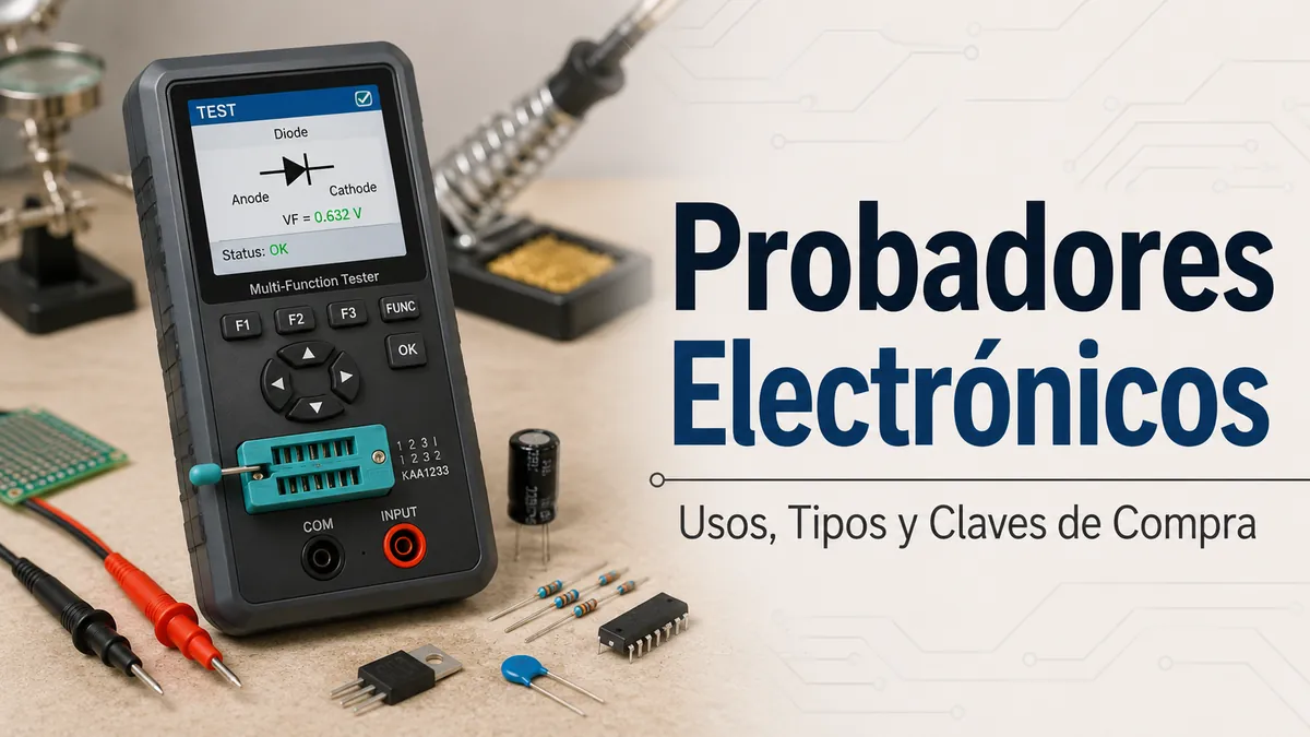 Probador de piezas electrónicas con pantalla, zócalo de prueba, sondas y piezas pequeñas sobre una mesa de trabajo