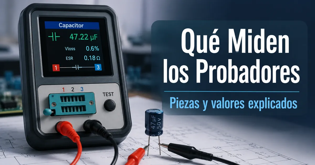Probador de piezas electrónicas midiendo una pieza suelta y mostrando valores en la pantalla