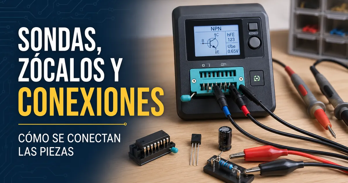Probador de piezas electrónicas con sondas, pinzas, zócalos y terminales conectados para la prueba
