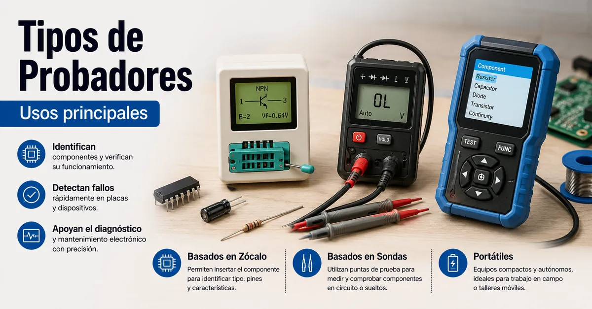 Diferentes tipos de probadores de piezas electrónicas, incluidos modelos con zócalo, con sondas y portátiles