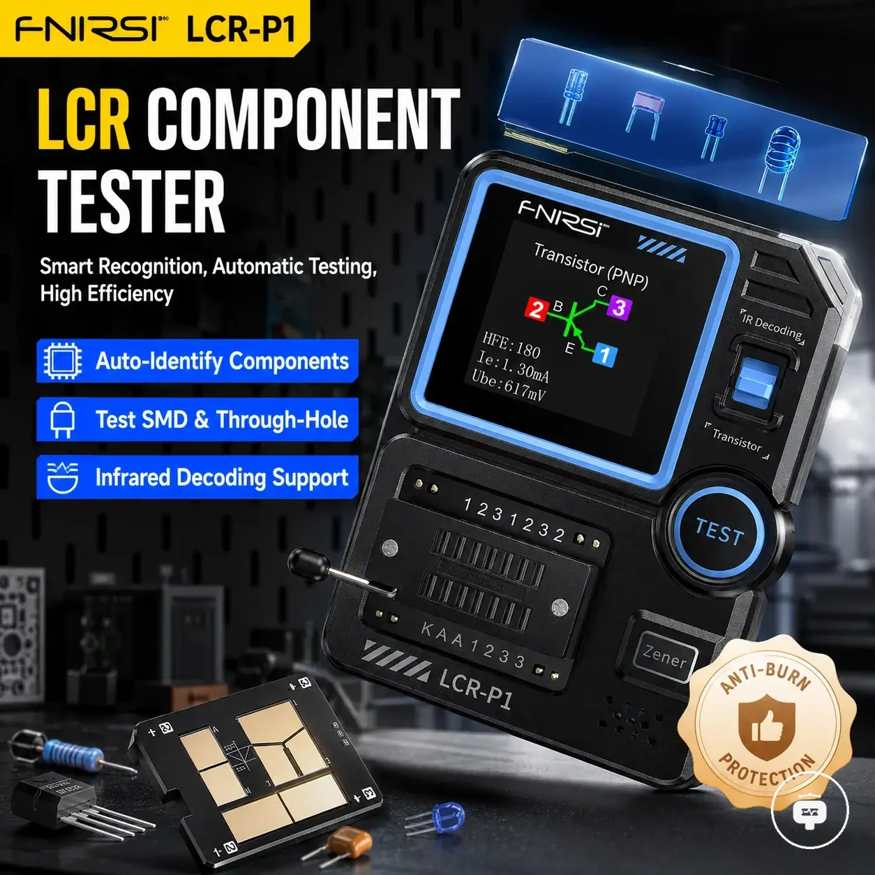 Testeur FNIRSI LCR-P1 pour tests LCR, ESR, diodes, triodes et MOSFET