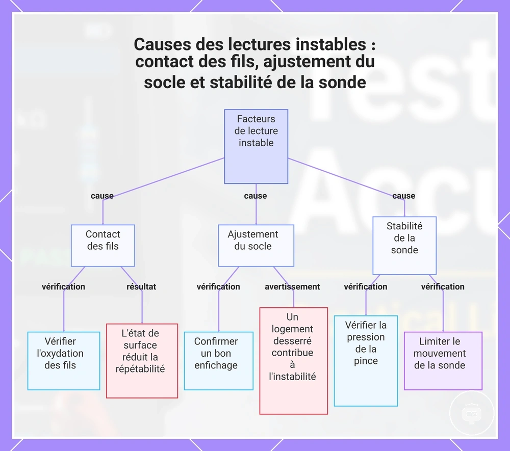 Causes des lectures instables : contact des fils, ajustement du socle et stabilité de la sonde
