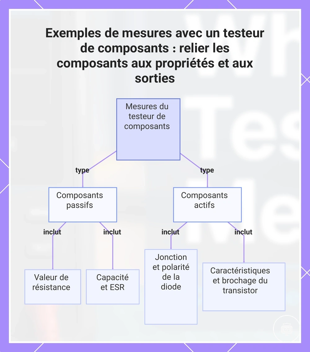 Exemples de mesures avec un testeur de composants : relier les composants aux propriétés et aux sorties