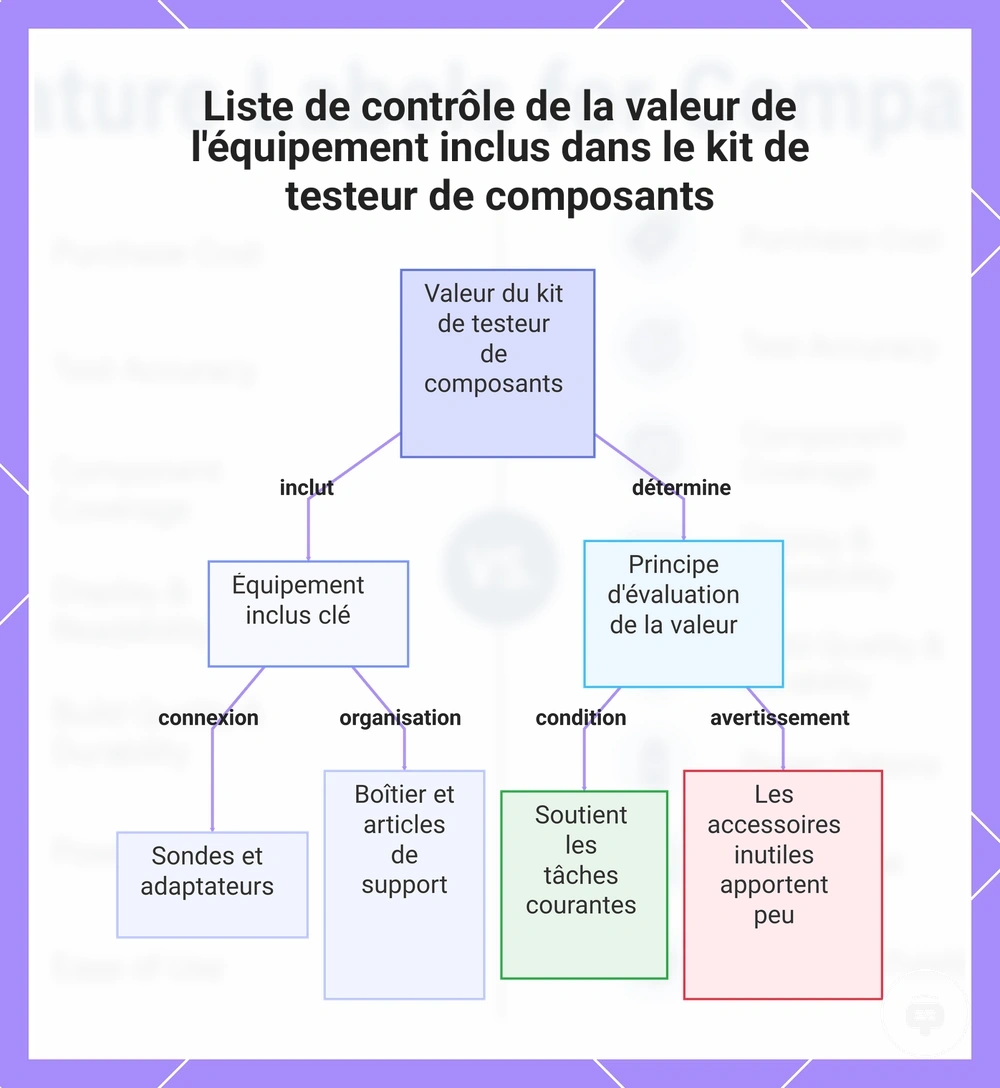 Liste de contrôle de la valeur de l'équipement inclus dans le kit de testeur de composants
