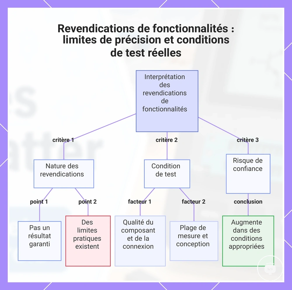 Revendications de fonctionnalités : limites de précision et conditions de test réelles