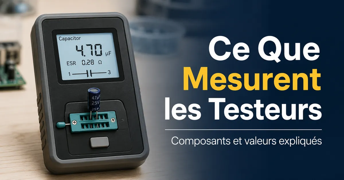 Testeur de composants électroniques mesurant un composant isolé et affichant des valeurs à l’écran
