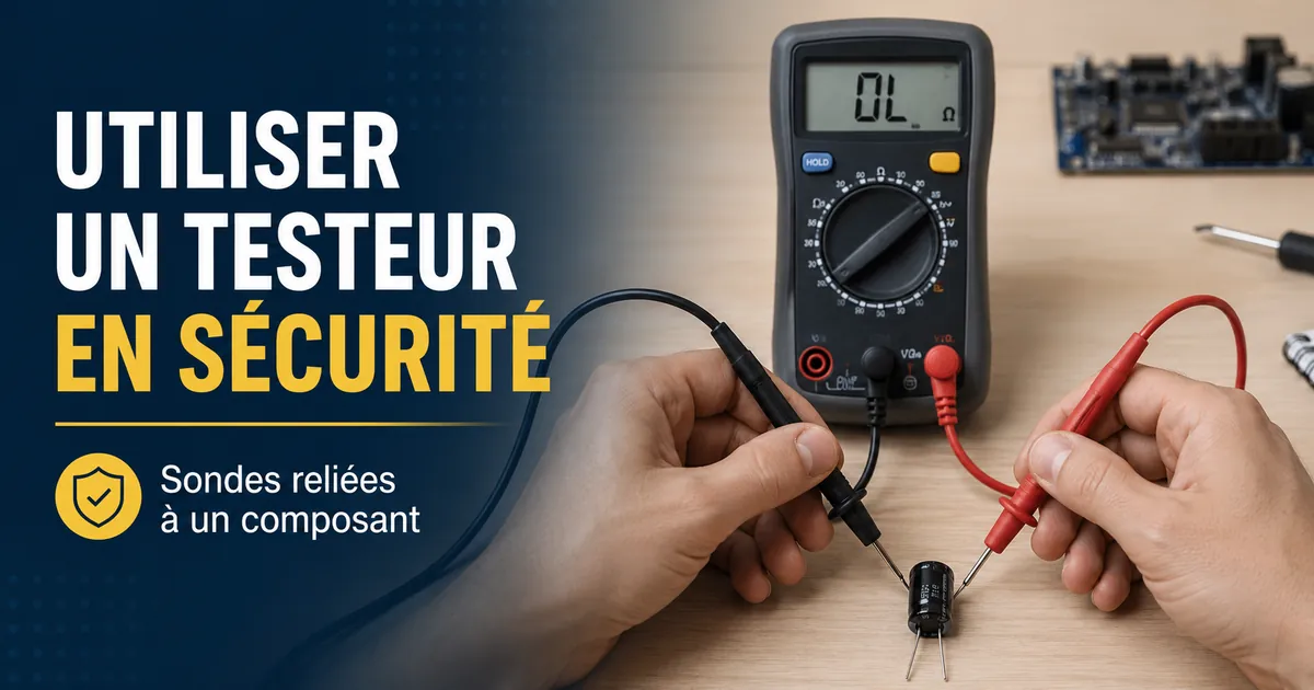 Mains utilisant un testeur de composants électroniques avec des sondes connectées à un petit composant