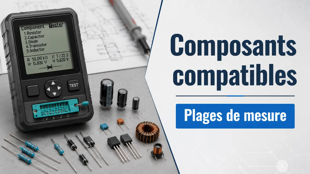 Testeur de composants électroniques avec résistances, condensateurs, diodes, transistors et inductances disposés à proximité