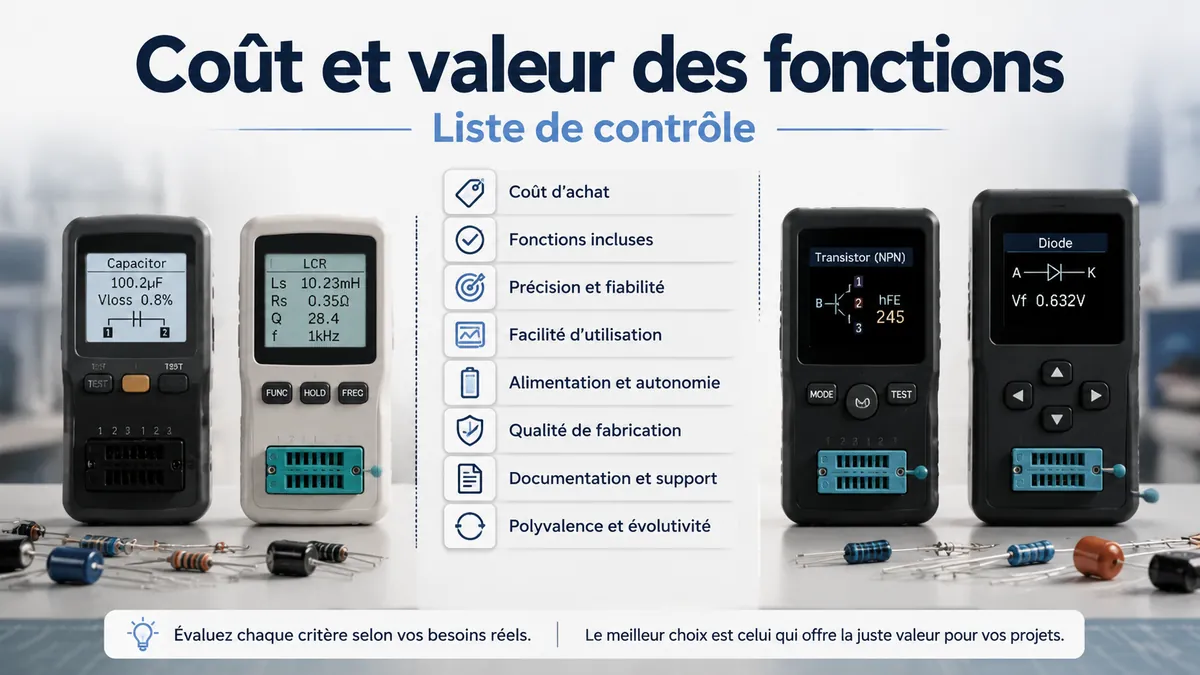 Testeurs de composants électroniques organisés avec des étiquettes de fonctions pour comparer le coût et la valeur