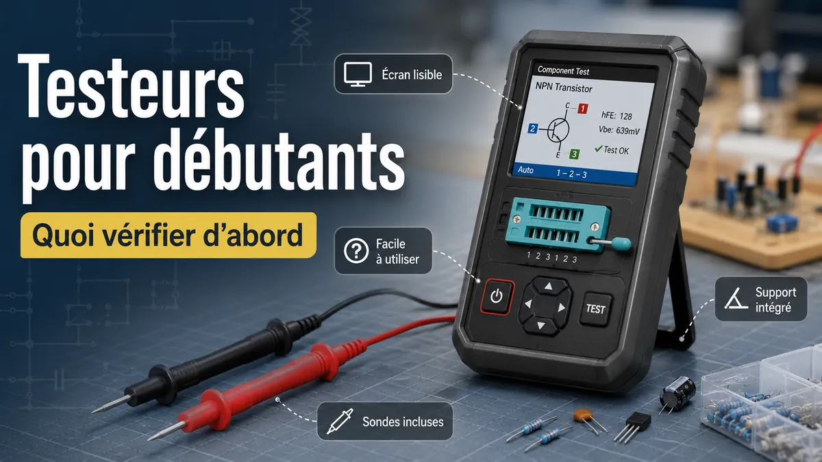 Testeur de composants électroniques adapté aux débutants avec sondes, support et écran indiqués