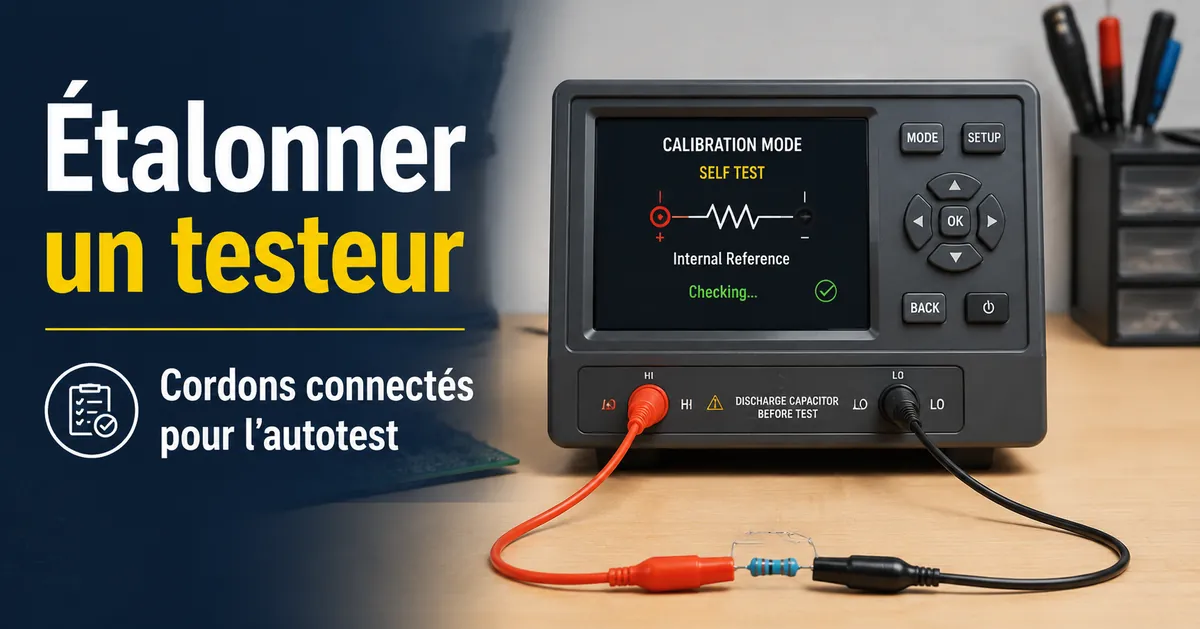 Testeur de composants électroniques en mode étalonnage avec cordons de test connectés pour l’autotest