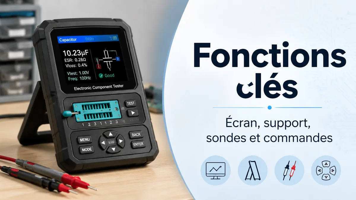 Testeur de composants électroniques avec écran lisible, zone de support, sondes et commandes de fonction