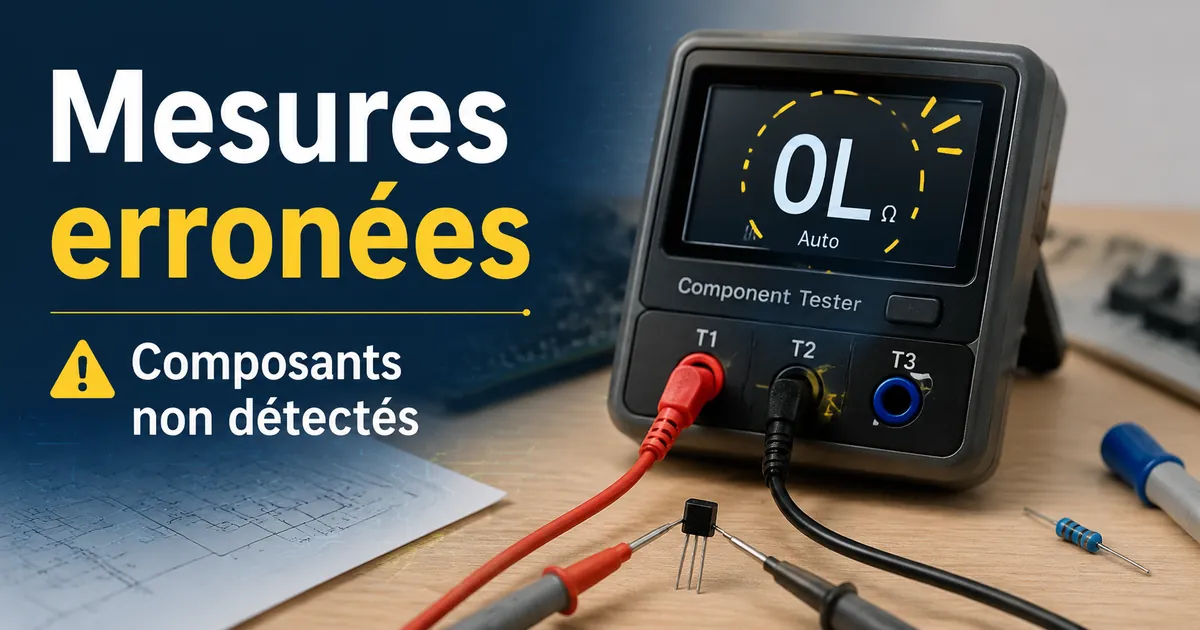 Testeur de composants électroniques affichant une mesure inattendue lors du test d’une petite pièce électronique