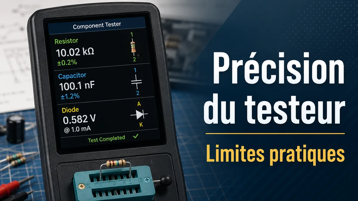Écran d’un testeur de composants électroniques affichant des valeurs mesurées pendant un contrôle de précision