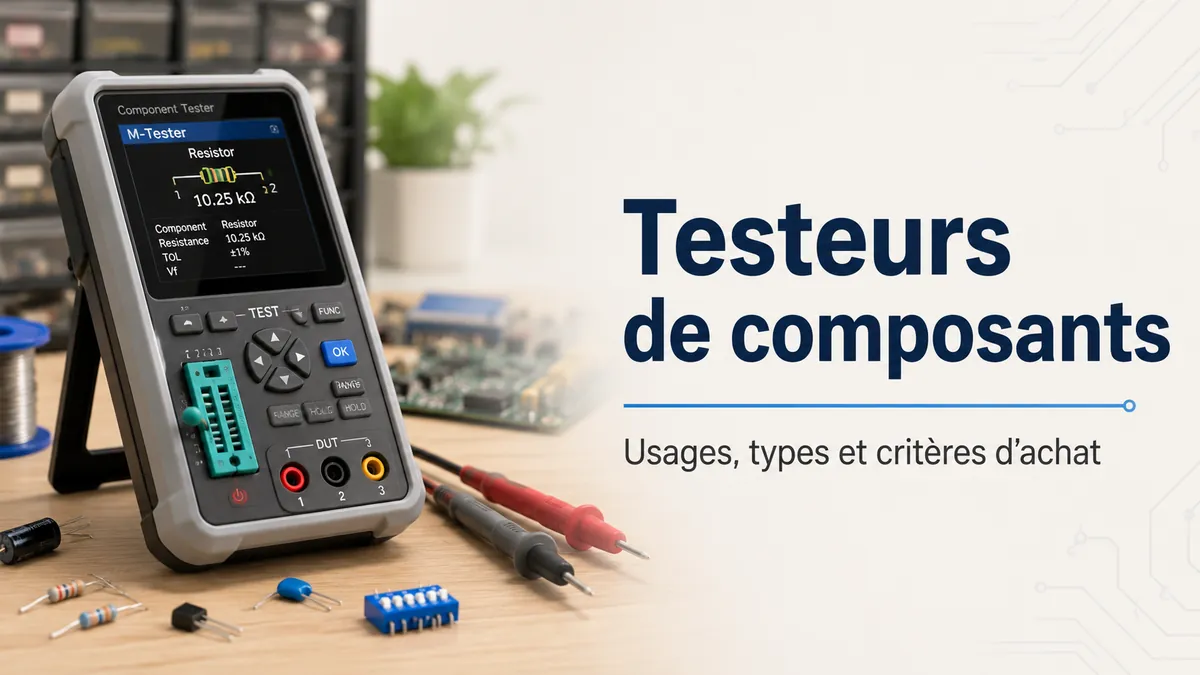 Testeur de composants électroniques avec écran, support de test, sondes et petits composants sur un établi