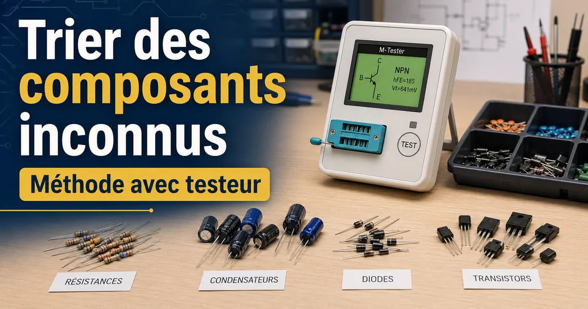 Résistances, condensateurs, diodes et transistors inconnus triés à côté d’un testeur de composants électroniques