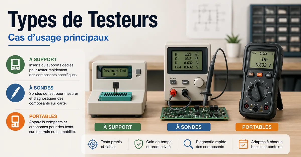 Différents types de testeurs de composants électroniques, dont des modèles à support, à sondes et portables