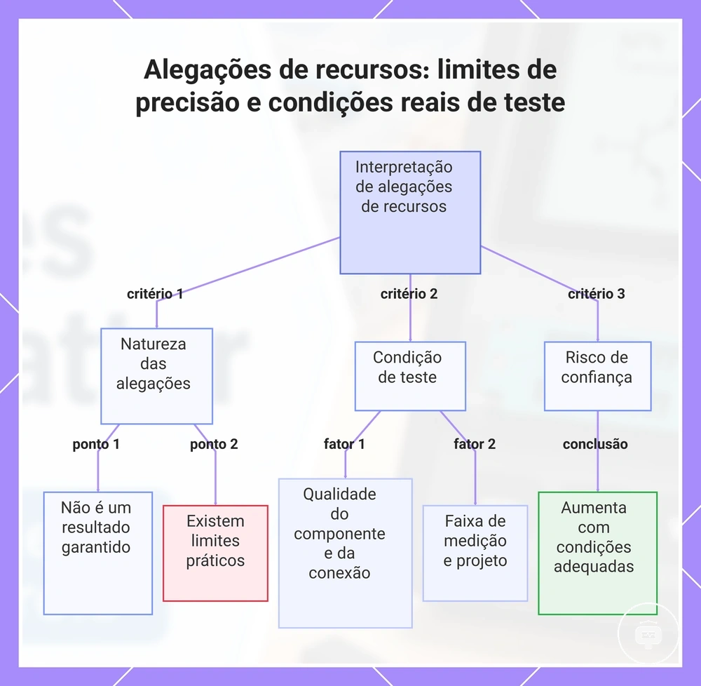 Alegações de recursos: limites de precisão e condições reais de teste