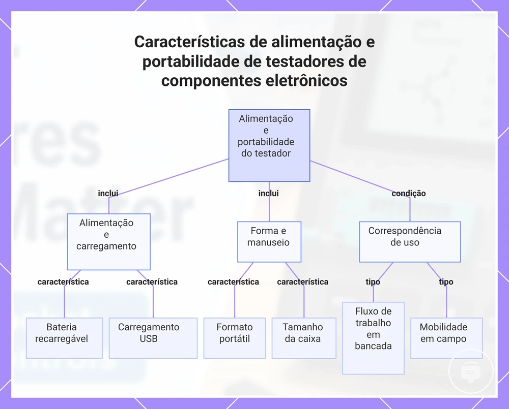 Características de alimentação e portabilidade de testadores de componentes eletrônicos
